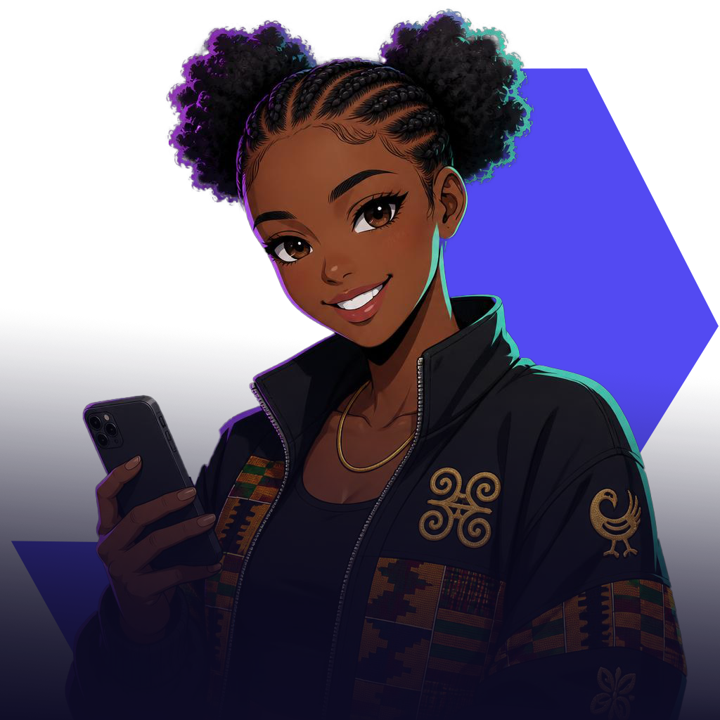African Gen Z woman smiling while checking her money app on her phone